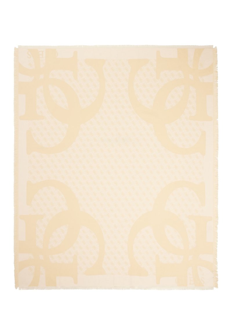 Sciarpa beige con motivo logo tono su tono, texture liscia e bordi frangiati. Il design include forme circolari sovrapposte.