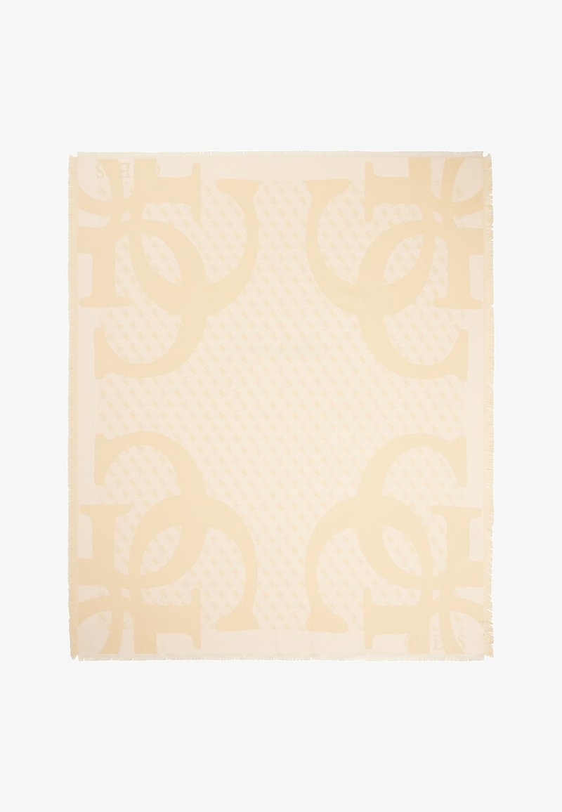 Sciarpa beige con motivo logo tono su tono, texture liscia e bordi frangiati. Il design include forme circolari sovrapposte.