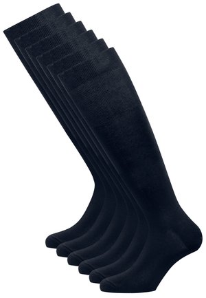 Black knee-high socks, six pairs, made from smooth, stretch fabric. Features a ribbed top and seamless toe for comfort and fit.