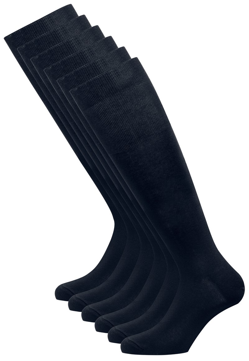 Calze nere fino al ginocchio, sei paia, realizzate in tessuto morbido ed elastico. Presentano un bordo rigato e una punta senza cuciture per comfort e vestibilità.