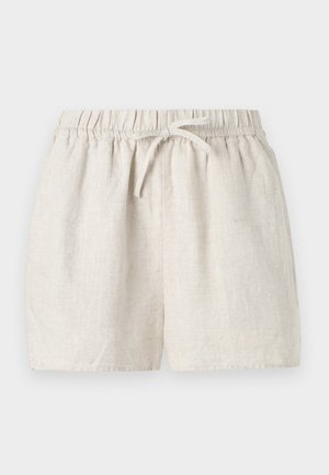Linnedshorts i en lys beige farve med elastik i taljen og bindebånd samt en løs pasform, glat tekstur og uden lommer.