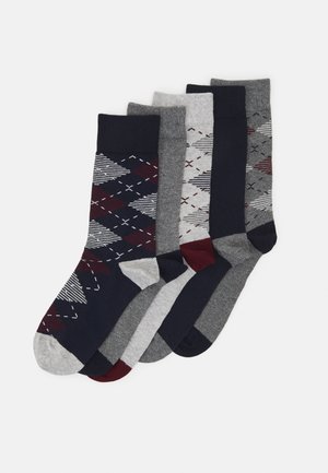 Five pairs of socks featuring various colors: navy, grey, and maroon. One pair has a diamond pattern; others are solid or heathered.