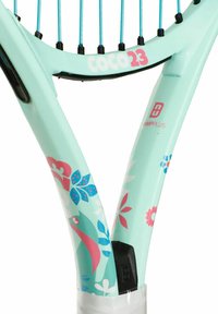A light blue tennis racket with floral and leaf patterns, featuring pink and darker blue accents, and a textured grip near the handle.