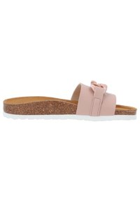 Infradito con tomaia sintetica rosa chiaro, plantare in sughero, suola in gomma bianca e un nodo decorativo sulla cinghia.