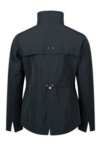 Black waterproof jacket with a high collar, adjustable drawstring at the waist, and textured accents on the sleeves. Plain back design.