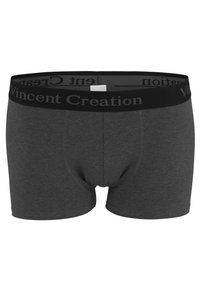 Boxers gris en tissu doux, avec une ceinture élastique noire portant le texte "Vincent Creation" en gris. Design classique et coupe ajustée.