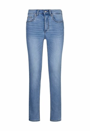 Jean denim bleu clair coupe slim avec poches avant, passants de ceinture et fermeture bouton-fermeture éclair.