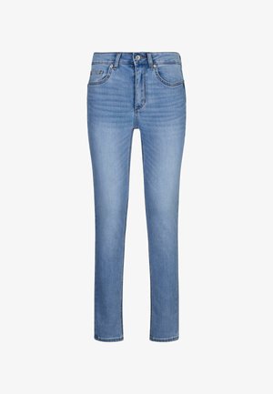 Blugi din denim albastru deschis, cu croială slim, buzunare frontale, bucle pentru curea și închidere cu nasture și fermoar.