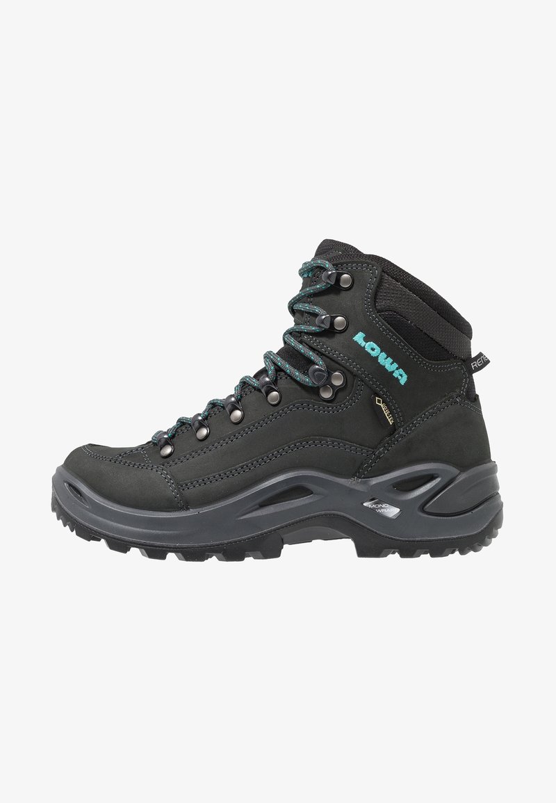 Botte de randonnée noire montante avec lacets turquoise, semelle durable, œillets métalliques et doublure imperméable Gore-Tex, marquée Lowa sur le côté.