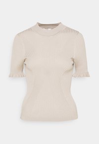 Lichtbeige geribd kort mouw t-shirt met een hoge kraag en ruches aan de mouwen, met een textuurgebreid patroon over het gehele oppervlak.