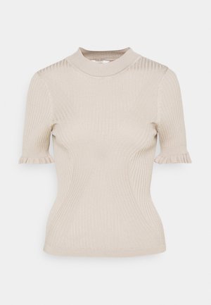 Lichtbeige geribd kort mouw t-shirt met een hoge kraag en ruches aan de mouwen, met een textuurgebreid patroon over het gehele oppervlak.