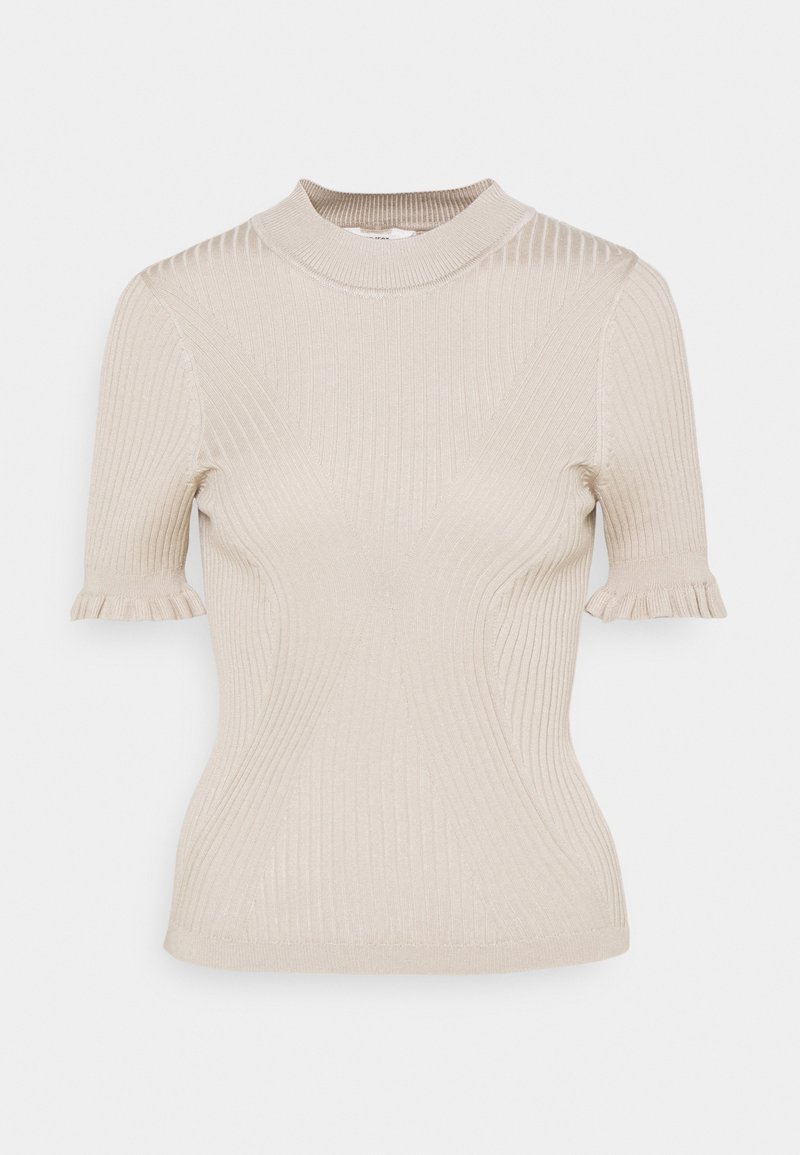 Lichtbeige geribd kort mouw t-shirt met een hoge kraag en ruches aan de mouwen, met een textuurgebreid patroon over het gehele oppervlak.