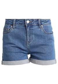 Džínové šortky s vysokým pasem, zapínáním na knoflíky a designem s pěti kapsami. Světle modrá barva s ohnutými lemy a hladkou texturou.