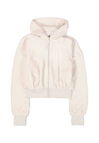Hoodie en velours côtelé crème avec une fermeture éclair, un ourlet froncé et des poignets côtelés. Dispose d'une capuche spacieuse et d'une texture douce.