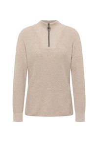 Beżowy sweter prążkowany z wysokim kołnierzem, pół-zamkiem i długimi rękawami. Miękka tekstura i luźny krój, idealny do noszenia w warstwach.
