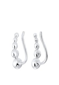 Los pendientes de plata presentan un diseño sinuoso con tres cuentas esféricas graduadas y un gancho curvado en la parte trasera. Marcados con el sello "925" que indica plata de ley.