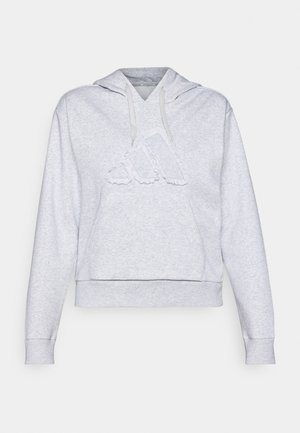 Sweatshirt cinza com capuz, feito de uma mistura suave de algodão, apresentando um grande logótipo texturizado na frente e um bolso frontal espaçoso.