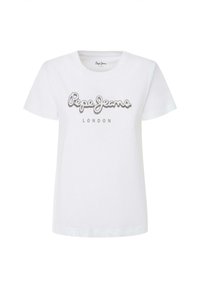 Witte katoenen T-shirt met korte mouwen, met een grijs logo "Pepe Jeans London" op de voorkant. Gladde textuur, klassieke pasvorm.