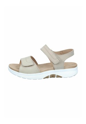 Beige open-toe sandal with two adjustable Velcro straps and white cushioned sole designed for comfort and support.