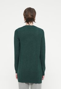 Maglione verde lavorato a maglia con maniche lunghe, scollatura rotonda e taglio dritto. Presenta un tessuto testurizzato e un bordo a costine sul retro.