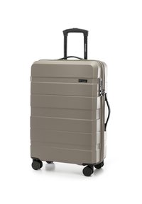 Hardshell kufr v metalické béžové barvě, s texturovaným povrchem, černým zipem, teleskopickou rukojetí a čtyřmi černými koly pro snadnou mobilitu.