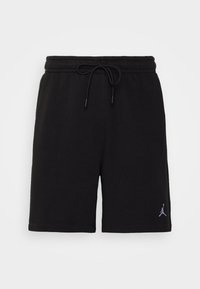 Black cotton shorts with an elastic waistband and drawstring. Features a small purple logo on the lower side. Classic straight cut.