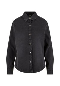 Zwarte denim overhemd met lange mouwen, kraag, knoopsluiting aan de voorkant en afgeronde zoom. Houdt zilveren knopen en contrasterende stiksels.