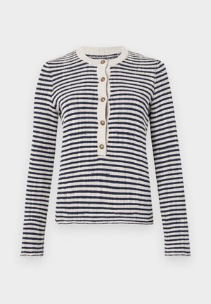 Gestreifter Cardigan in Marineblau und Creme, gerippter Rundhalsausschnitt, vordere Knopfleiste mit fünf Knöpfen, lange Ärmel, gestrickte Textur.