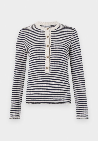 Cardigã riscado em azul-marinho e creme, decote redondo com canelado, fecho frontal com cinco botões, mangas longas, textura de malha.