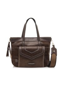 Bolso de cuero marrón con dos asas y una correa desmontable. Cuenta con un panel texturizado y un bolsillo frontal con detalles de costura en contraste.
