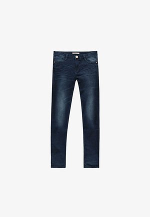 Donker gewassen denim jeans met een slim fit, voorzien van vijf zakken, subtiele vervaagde delen en een knoopsluiting aan de voorkant in het midden.