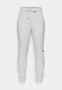 Grå bomullsblandings sweatpants med elastisk midjebånd, snøring og ribbestrikkede mansjetter. Har en hvit "Champion" logo på siden.