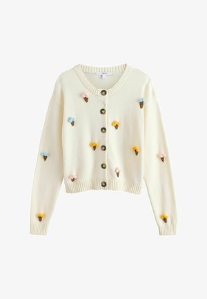 Cream knitted cardigan with front buttons, decorated with small pink, blue, and yellow ice cream cone appliques on front and sleeves.