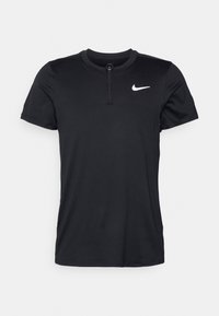 Svart kortärmad atletisk tröja med halvdragkedja fram och vit Nike-swoosh-logotyp på vänster bröst mot en neutral bakgrund.