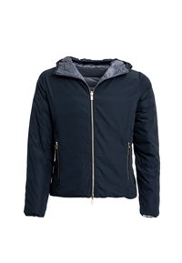 Giubbotto imbottito blu navy con cappuccio, chiusura con zip frontale e due tasche laterali. Presenta un rivestimento interno trapuntato e dettagli in hardware color oro.