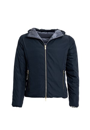 Giubbotto imbottito blu navy con cappuccio, chiusura con zip frontale e due tasche laterali. Presenta un rivestimento interno trapuntato e dettagli in hardware color oro.