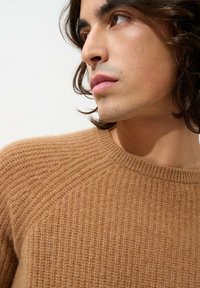 Brauner gerippter Strickpullover mit rundem Halsausschnitt und Raglanärmeln, der eine weiche Textur und eine figurbetonte Silhouette aufweist.