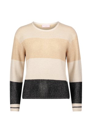 Beżowy, kremowy i czarny sweter w paski, wykonany z dzianiny, z długimi rękawami, okrągłym dekoltem i prążkowaną fakturą na całej powierzchni.