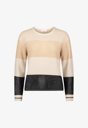 Beiger, cremefarbener und schwarzer gestreifter Strickpullover mit langen Ärmeln, rundem Ausschnitt und durchgängiger gerippter Struktur.