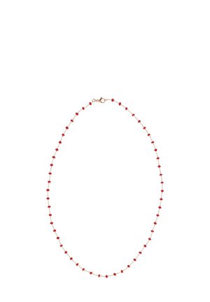 Rote Perlenkette mit kleinen runden Perlen, abwechselnd mit metallischen Akzenten, gesichert durch einen Karabinerhaken, mit einem zarten Design.