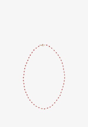 Czerwona naszyjnik koralikowy z małymi okrągłymi koralikami, przeplatany metalowymi akcentami, zapięty na karabińczyk, charakteryzujący się delikatnym wzornictwem.