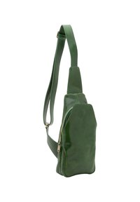 Borsa a tracolla verde in pelle con texture liscia, forma triangolare, tracolla regolabile e tasca con zip. Presenta dettagli di design minimalista.