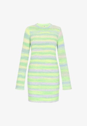 Csíkos, bordázott kötésű ruha pasztell zöld, levendula és sárga színekben. Hosszú ujjú, kerek nyakú, testhez simuló fazon, textúrált anyag.