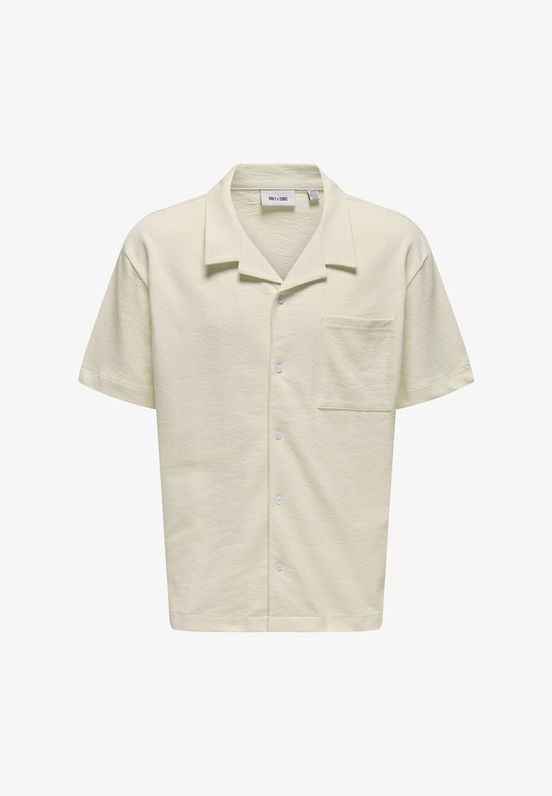 Short-sleeve shirt in soft, pale green fabric with a collared neckline, button front, and a single chest pocket. Classic relaxed fit.