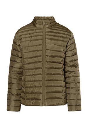 Olīvu zaļš pūkains jaka ar augstu apkakli, ar rāvējslēdzēju un horizontālu quilted tekstūru siltuma saglabāšanai; viegla sintētiska materiāla.
