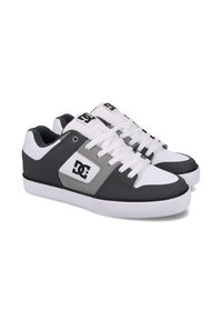 Gray and white skate shoes featuring a smooth leather upper, padded collar, flat laces, perforated toe, and a prominent logo on the side.