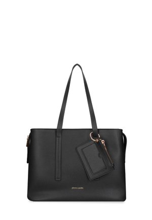 Sac cabas en cuir noir avec longues anses, pochette porte-cartes amovible, détails de fermeture éclair et logo dorés.