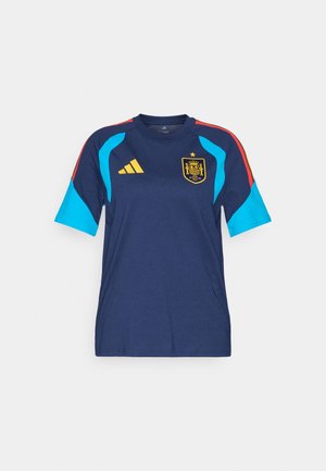 Mornarice plava nogometna majica Španjolske s svijetloplavim i crvenim naglascima, Adidas logotip i grb španjolske nogometne reprezentacije sprijeda.