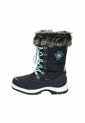 Winterstiefel in Marineblau mit Kunstfellkragen, gepolstertem Design und hellblauen Schnürsenkeln. Mit weißer Sohle und Logo an der Seite.
