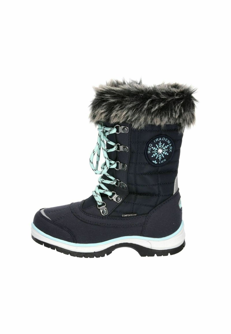 Bota de inverno em azul marinho com colarinho de pelúcia sintética, design acolchoado e atacadores azul claro. Apresenta uma sola branca e um logótipo na lateral.